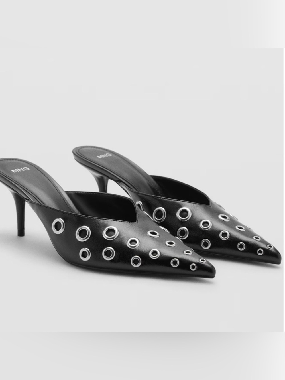 MANGO MNG BLACK EVE EYELET POINTED TOE MULE PUMPS HEELS HEELED SHOES 37 6.5